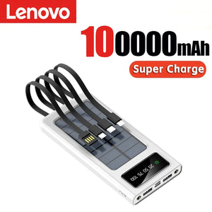 Lenovo 200000mah Solar Power Bank Built 4 Cables Portable Fast