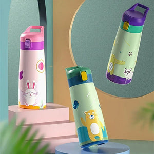 Kids Stainless Steel Straw Thermos Mug with Case Cartoon Leak-Proof