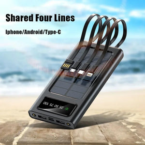 Lenovo 200000mah Solar Power Bank Built 4 Cables Portable Fast