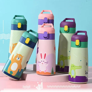 Kids Stainless Steel Straw Thermos Mug with Case Cartoon Leak-Proof