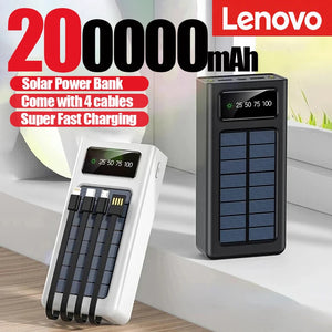 Lenovo 200000mah Solar Power Bank Built 4 Cables Portable Fast