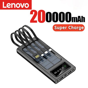 Lenovo 200000mah Solar Power Bank Built 4 Cables Portable Fast