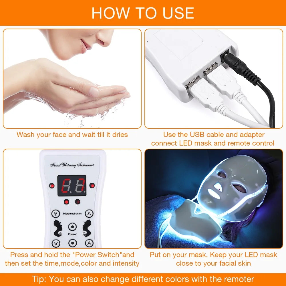 7 Colors LED Facial Mask with Neck LED Light Photon Mask Skin