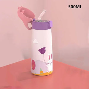 Kids Stainless Steel Straw Thermos Mug with Case Cartoon Leak-Proof