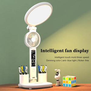 LED Clock Table Lamp USB Chargeable Dimmable Desk Lamp Plug-in LED Fan